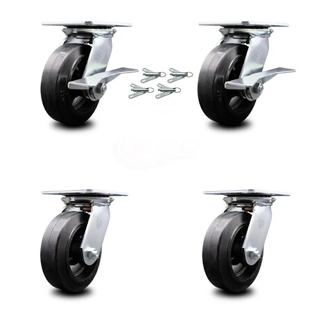 Service Caster 6 Inch Rubber on Steel Caster Set with Roller Bearing 4 Swivel Lock and 2 Brake SCC-35S620-RSR-SLB-BSL-2-BSL-2